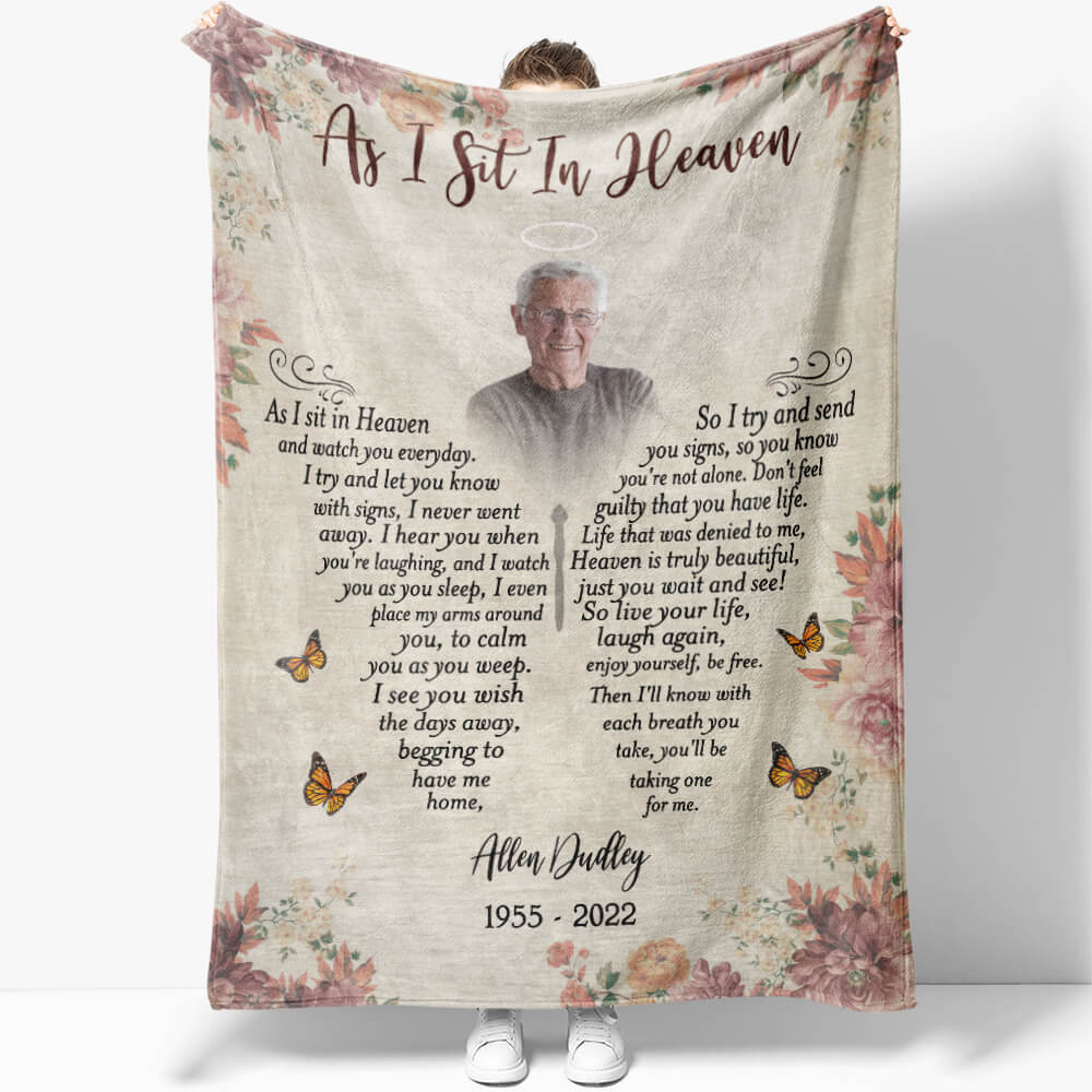 As I Sit In Heaven Butterfly Customized Photo Memorial Blanket, Expression of Sympathy Blanket Gift