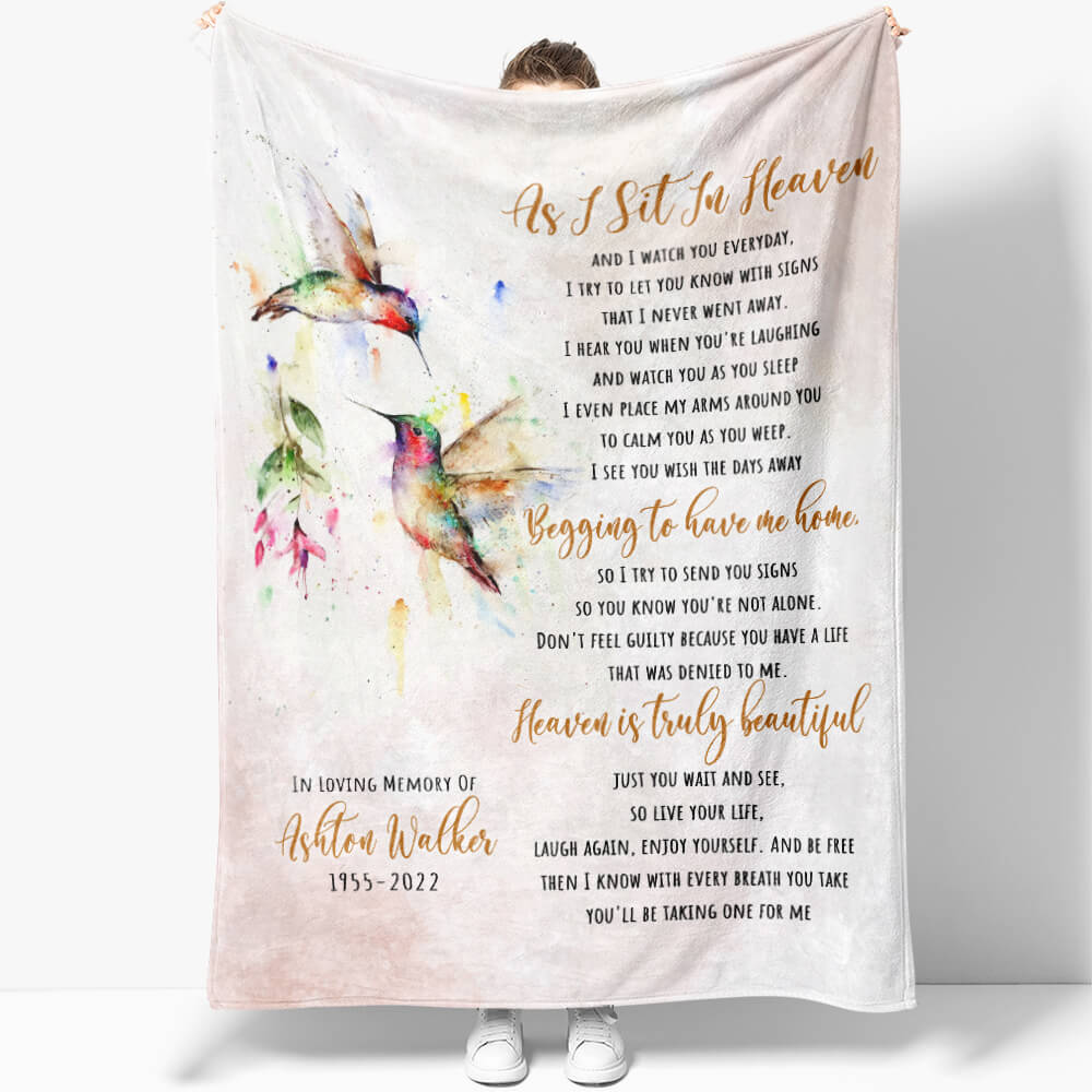 As I Sit in Heaven Watercolor Hummingbird Personalized Sympathy Message Blanket, Words of Sympathy Gift